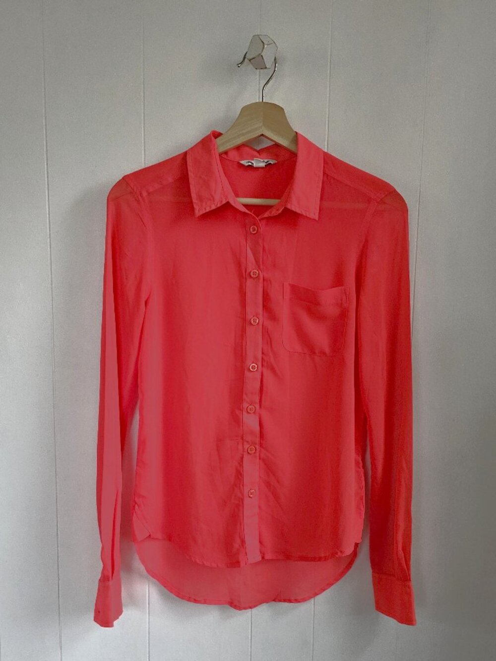 AEO Hot Coral Button-Up Long Sleeve Blouse